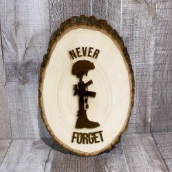 Never Forget Helmet Rifle Boots Wood Sign with Live Edge handcrafted by Triple R Designs